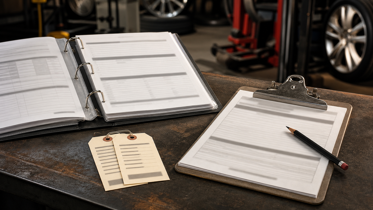 A clip board holding a detailed equipment inventory list and maintenance logs in an automotive workshop.