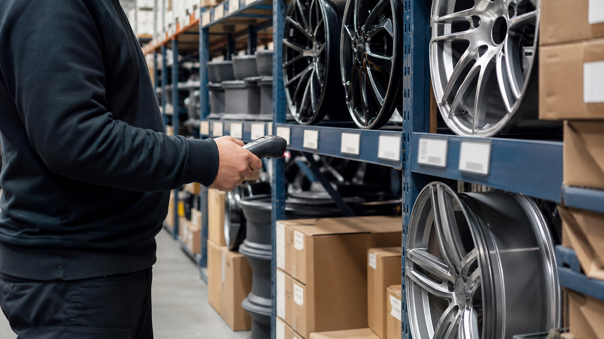 An auditor using a digital tablet to verify custom wheel stock levels in a retail warehouse.