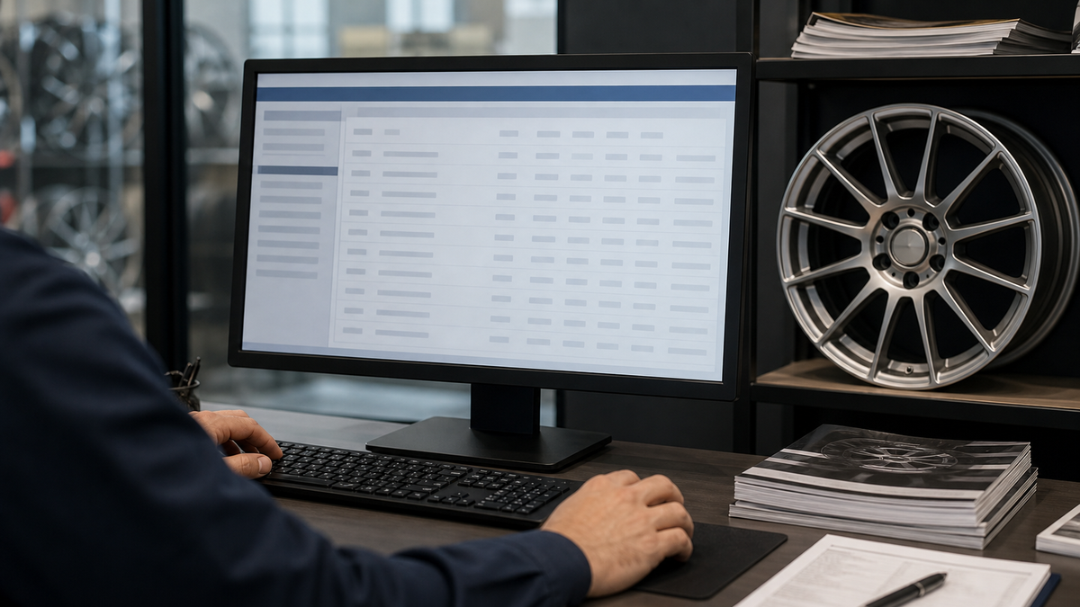 A computer monitor showing a database with Auto Care Association ACES and PIES wheel fitment specifications.