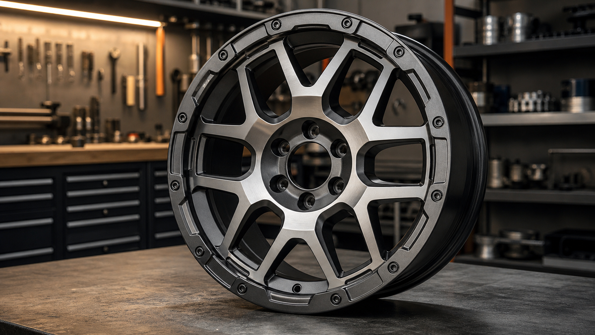 A close-up of a high-performance custom truck wheel showing detailed bolt pattern and beadlocks.