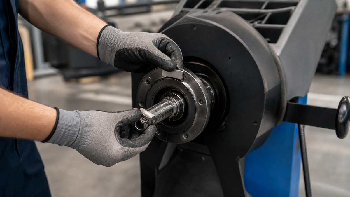 A technician performing calibration checks on a wheel balancer using a standard calibration weight.