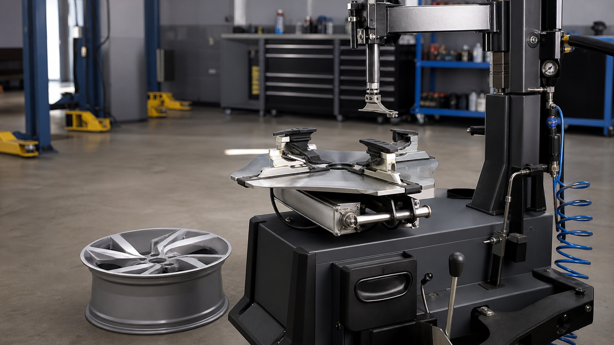 A modern tire changer machine with non-marring plastic guards in a clean shop.