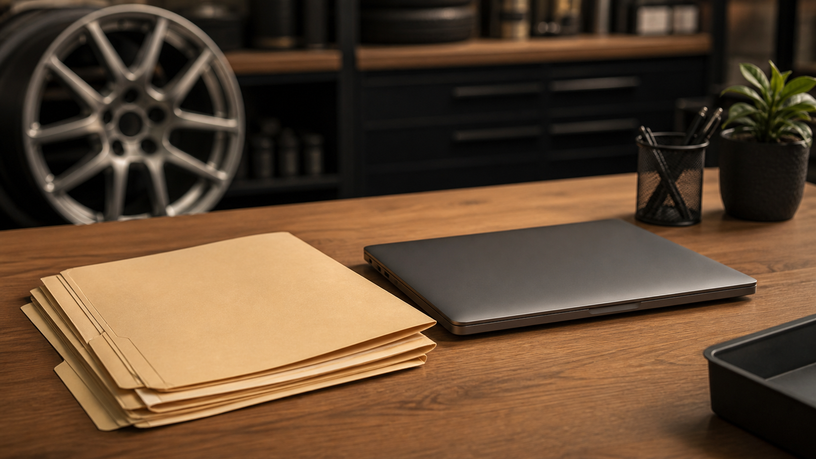 Closed laptop and organized automotive service folders prepared for confidential operational review