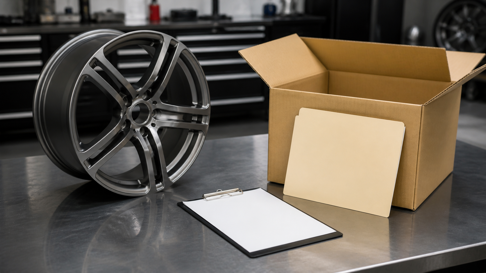 Automotive parts return authorization documents and an unmarked wheel component on a workbench