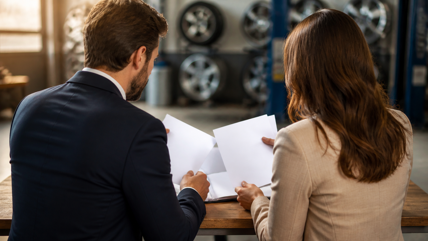 Professionals reviewing a wheel shop transition handoff
