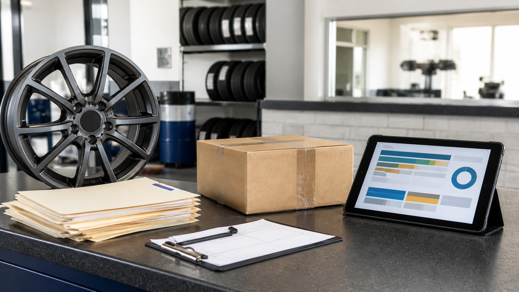 Wheel shop service records, product return documents, and parts inventory organized on a desk