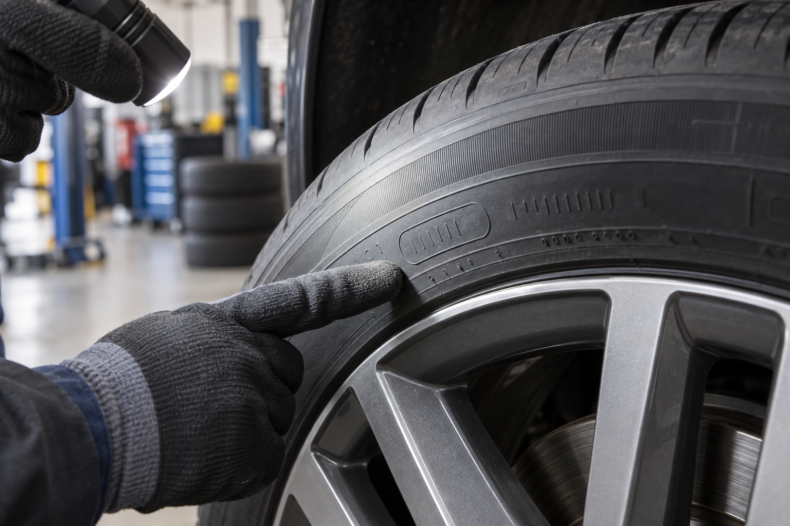 Technician checks the identification markings molded into a tire sidewall