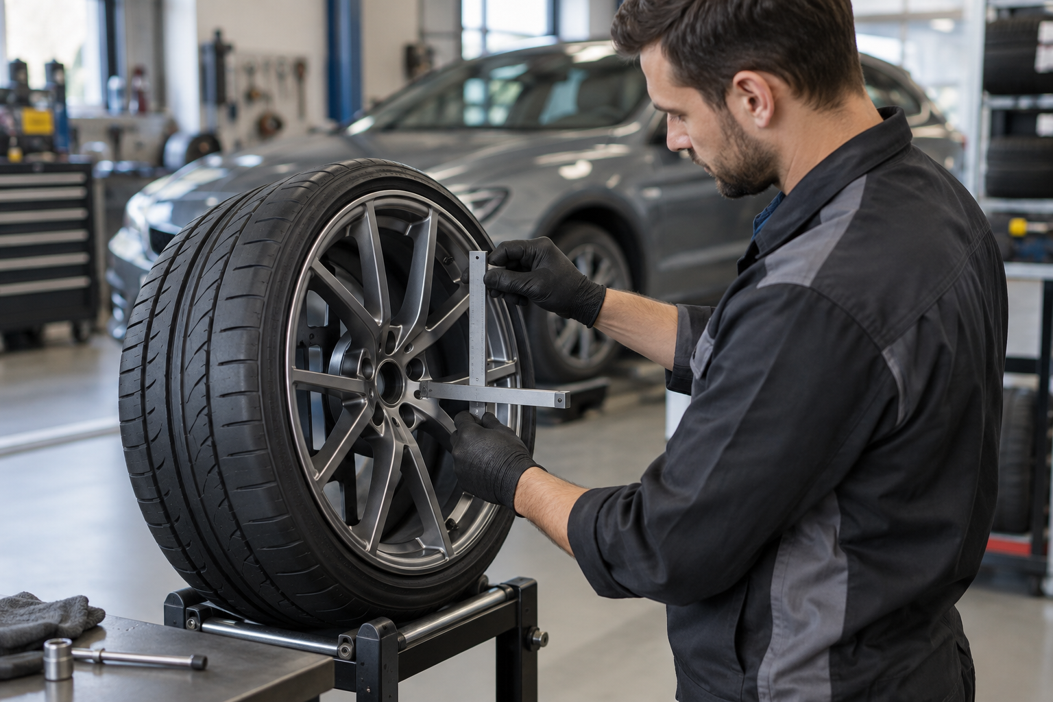 Wheel technician measures an alloy wheel as part of a fitment check